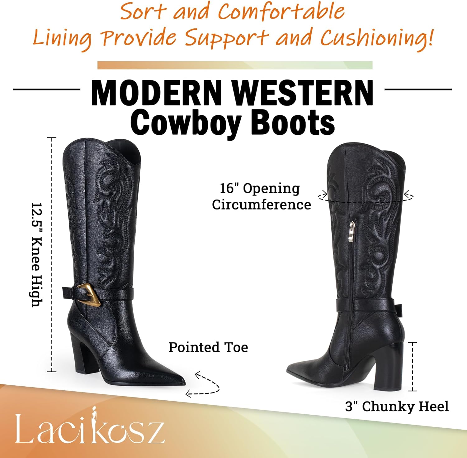 Western Cowboy Boots for Women - Knee High Calf Cowgirl Boots with Classic Embroidered with Gold Buckle, Slip On Pointed Toe Chunky Heel Fashion Retro Classic Faux Leather Pull On Tall Boot