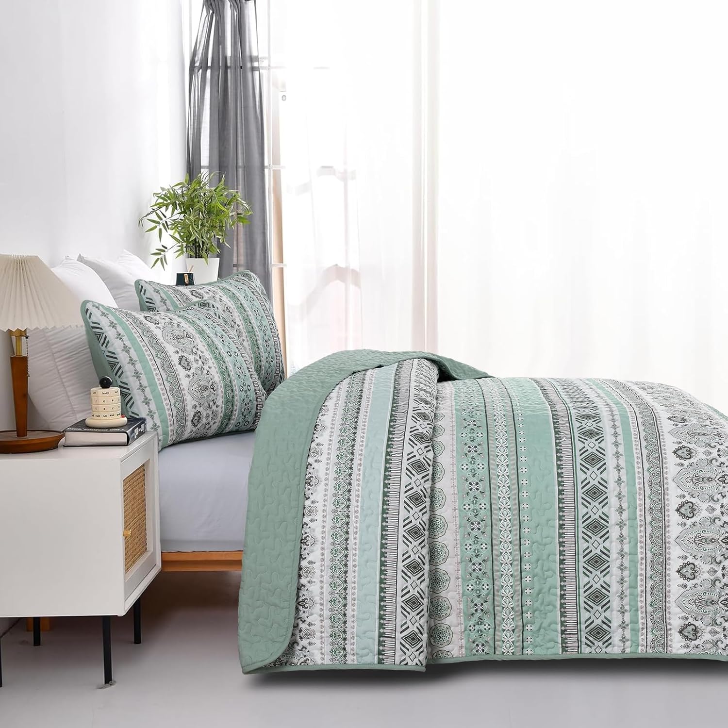 Goodidea Boho Quilt Set Queen Size,3 Piece Green Bohemian Striped Bedspread Coverlet Set with 2 Pillow Cases Lightweight Soft Microfiber Bedding Set for All Seasons (96"x90") - Image 3