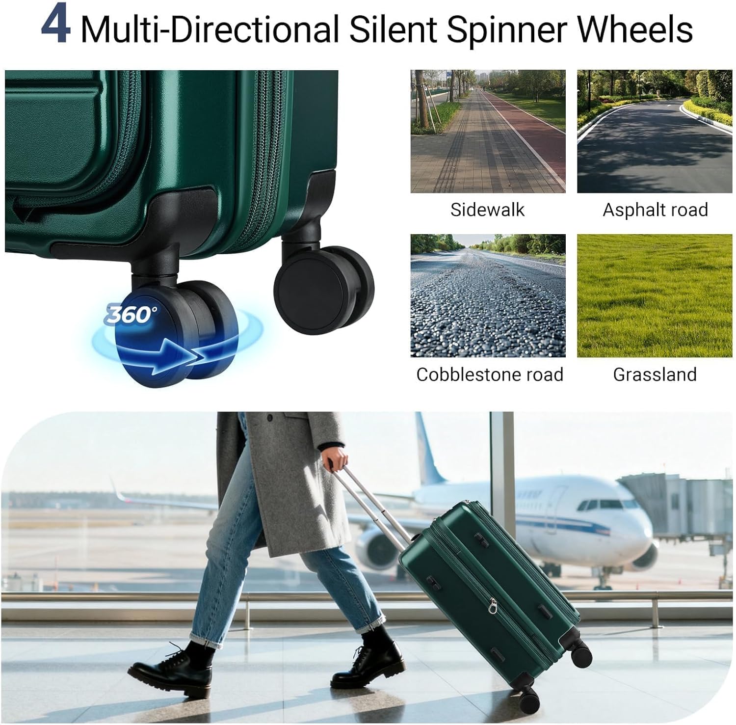 Carry On Luggage with Top Opening, Expandable with Front Pocket and USB Charging Port, Lightweight with Front Compartment Rolling Suitcases with Spinner Wheels (Dark Green, 20 Inch)