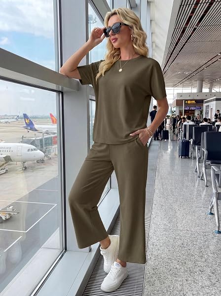 GRECERELLE Tenue deux pièces aéroport pour femme ensemble complet d'été à manches courtes décontracté col rond manches courtes et pantalon de jogging avec poches - 3