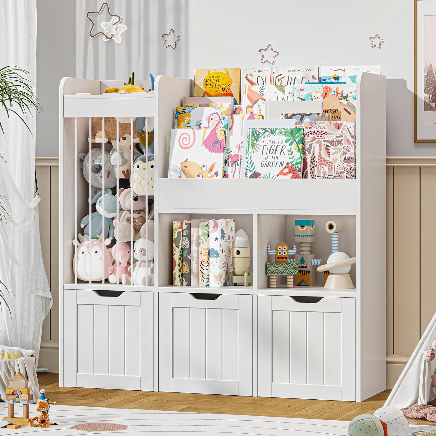 Halitaa Kids Bookshelf with 3-Tier Book Rack, Multi-Functional Storage Cabinet Bookcase with 3 Movable Drawers, Wooden Toy Organizer with Stuffed Animal Storage for Kids Room, Nursery, White