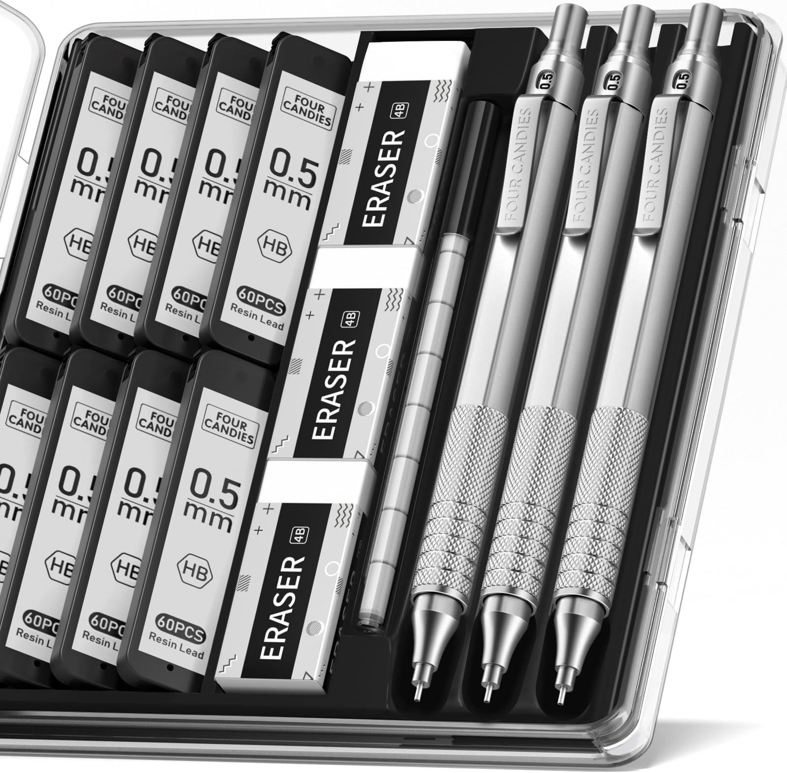 Lot De 3 Porte-mines De Charrpentier 1.3 Mm En Métal - Avec 48 Mines (Noir, Rouge, Jaune), Gommes Et Trousse
