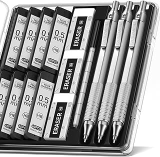 Four Candies 0.5mm Mechanical Pencil Set with Case, 3PCS Metal Artist Lead Pencil with 8 Tubes (480PCS) HB Lead Refills, 3 Erasers, 9 Eraser Refills For Engineer Art Writing Drawing Drafting, Silver