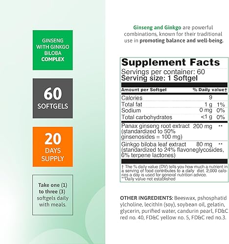Miniatura 2 de Panax - Extracto de ginseng de 200 mg y complejo de ginkgo biloba de 80 mg, 60 cápsulas blandas, fórmula energética y concentración, suplemento de