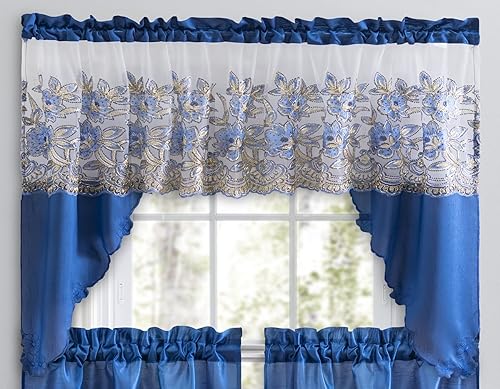 Miniatura 5 de American Linen Juego de cortinas bordadas de 3 piezas para ventana, cenefa y niveles, con bordado para cocina, sala de estar o baño, cenefas (azul)