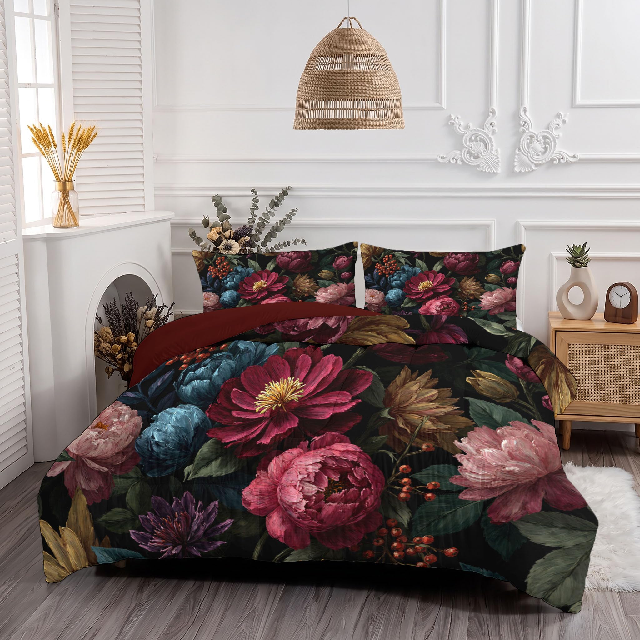 Bettdecke Retro-Ölgemälde Blumen 4-Jahreszeiten Steppdecke in 240x220 cm mit Pfingstrosen Beeren Zweige Blätter, Warme und Weiche Schlafdecke ohne Bezug mit Kissenbezügen, Ziegelrot