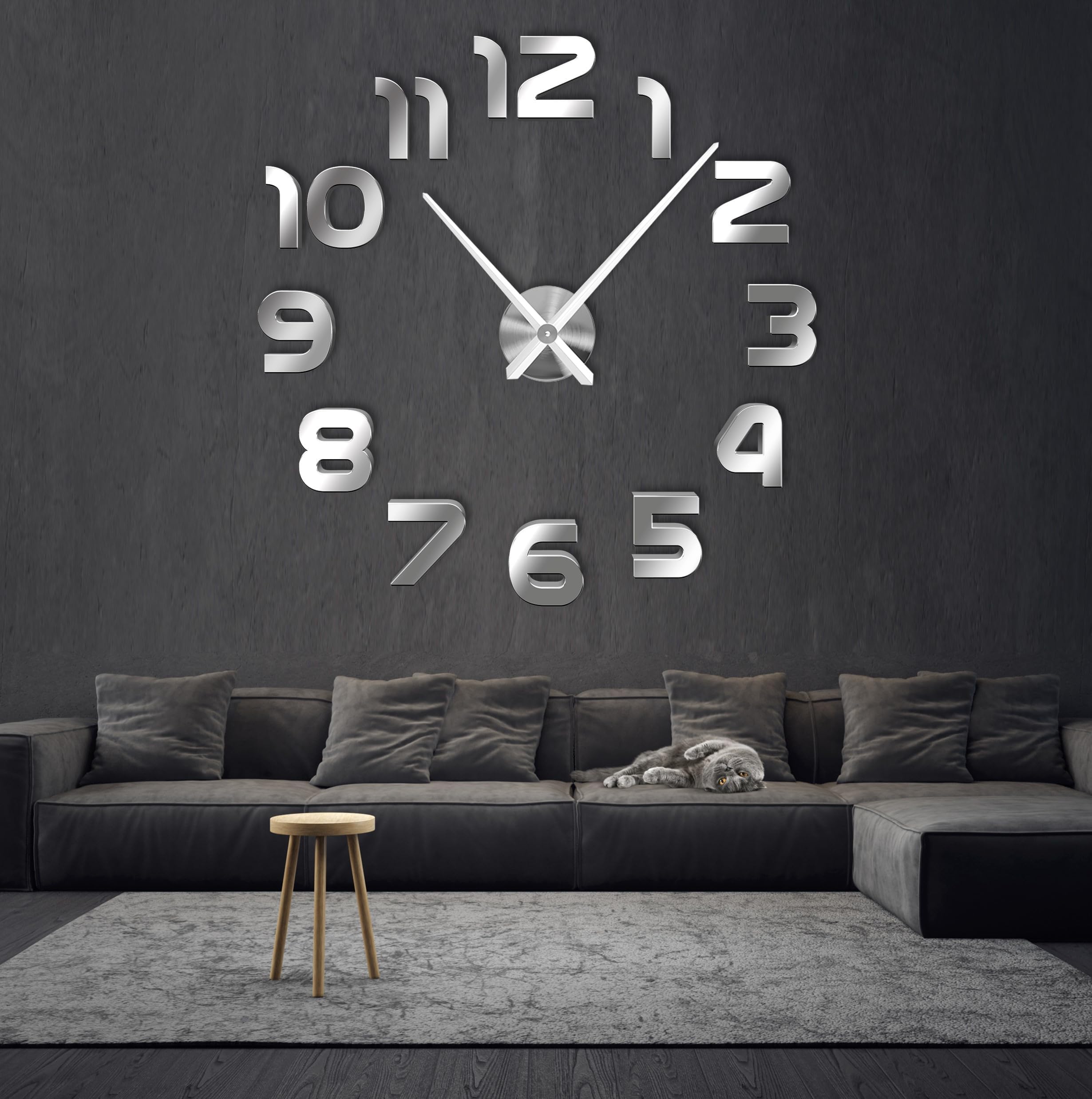Coraltree Grande Horloge Murale 3D DIY Silencieuse – Sticker Miroir Acrylique Moderne, Décoration Maison & Bureau (Noir)
