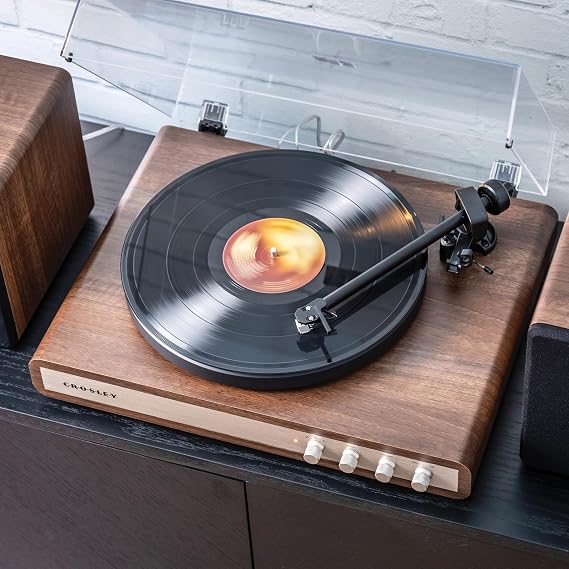 Crosley C65 Record Player with Speakers, Record Player Shelf System, Walnut | Easy Set Up Vinyl Player with Dust Cover, Bluetooth Turntable with 50W Bookshelf Speakers, Cartridge