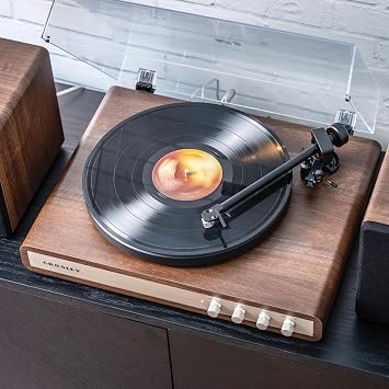 Crosley C65 Record Player with Speakers, Record Player Shelf System, Walnut | Easy Set Up Vinyl Player with Dust Cover, Bluetooth Turntable with 50W Bookshelf Speakers, Cartridge