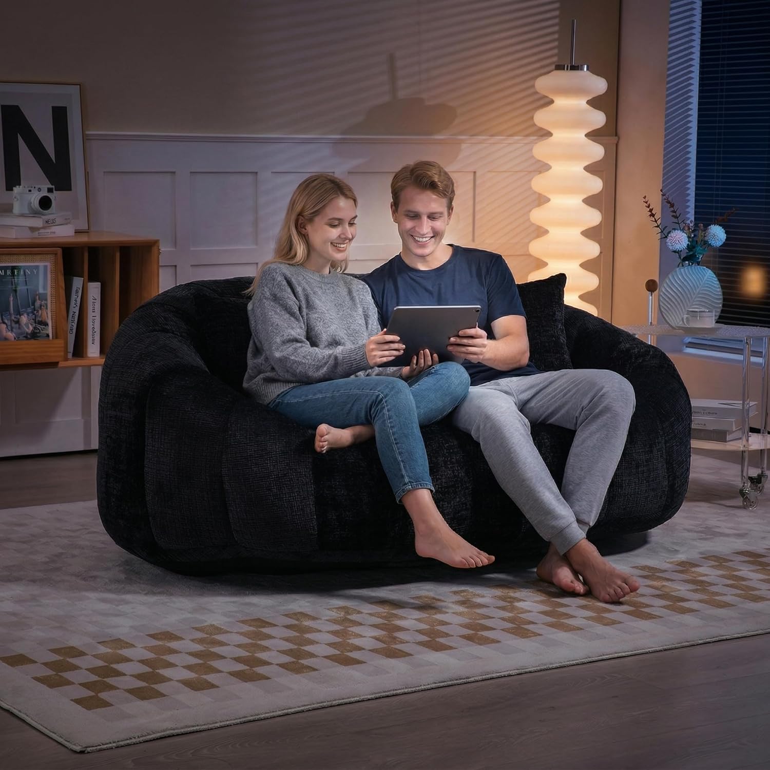 Kiztir Giant Bean Bag Chair, Chenille Bean Bag Chair for Adults and Kids, Oversized Bean Bag Couch Lazy Floor Sofa with Pillows for Living Room, Bedroom, Dorm, No Assembly Needed (Black)