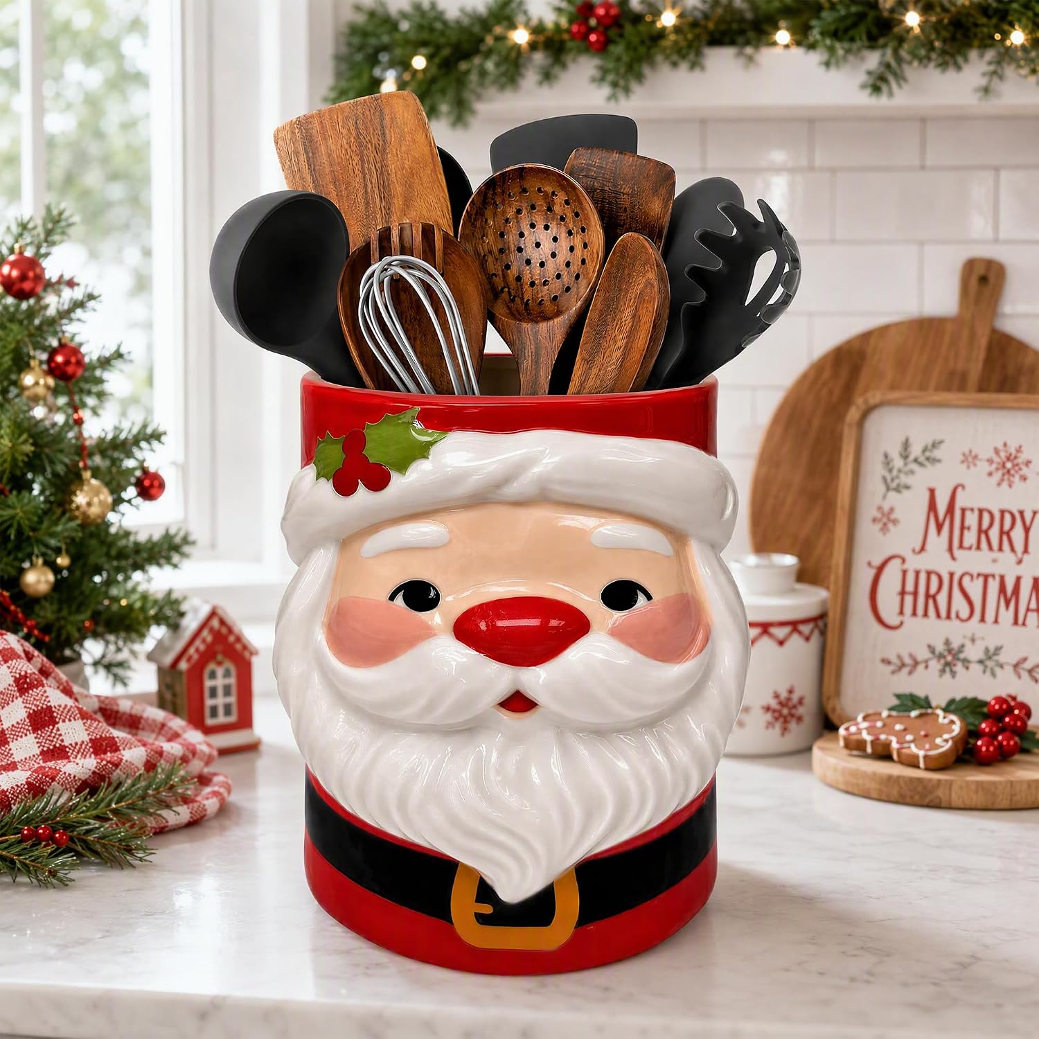 Taesun Christmas Ceramic Utensil Holder, Santa Claus Kitchen Decor, 3 Santa Countertop Storage Crock for Cooking Utensils, Baking Tools, Holiday Decoration for Xmas Home Party