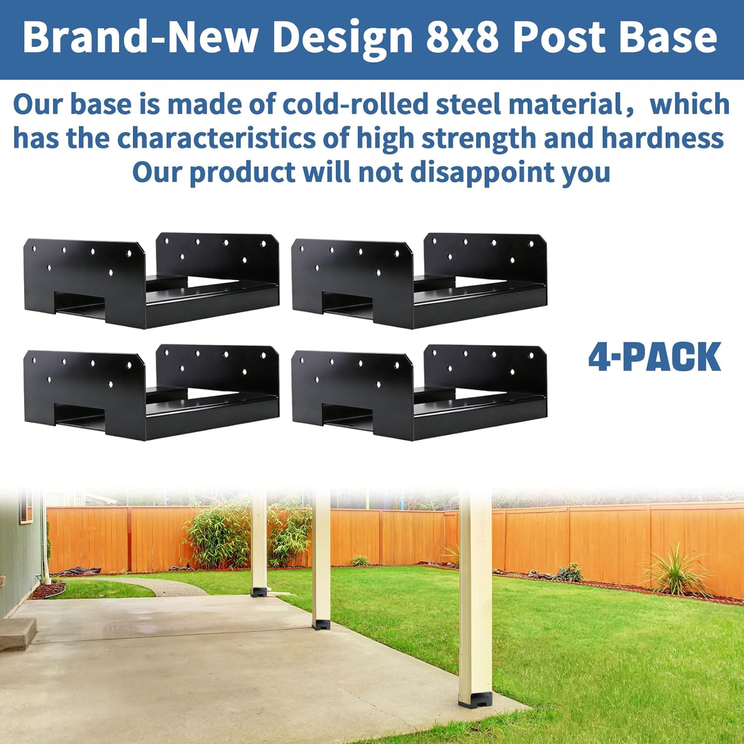 8x8 Post Base 4 PCS-Inner Size 7.5"x7.5" Wooden Fence Post Bracket, Heavy Duty Metal Fence Post Anchor, Black Post Base for Concrete for Wood Deck Pergola Porch Railing Mailbox Support