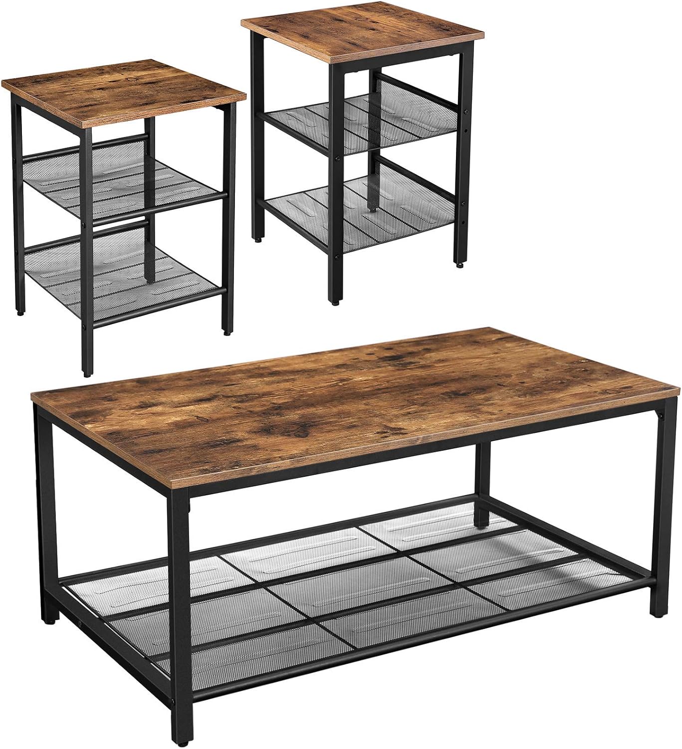 VASAGLE Set of 2 Side Tables and 1 Coffee Table Bundle, Living Room Furniture Set, Metal Mesh Shelves, Easy Assembly, Adjustable Feet, Industrial Design, Rustic Brown and Black ULCT64X and ULET24X : Home & Kitchen