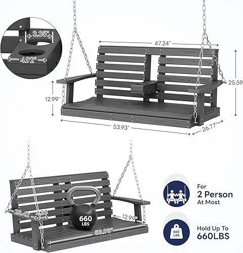 Miniatura 4 de KINGYES Columpio colgante para porche al aire libre, silla de patio de 2 asientos con portavasos, banco impermeable para patio y jardín, capacidad