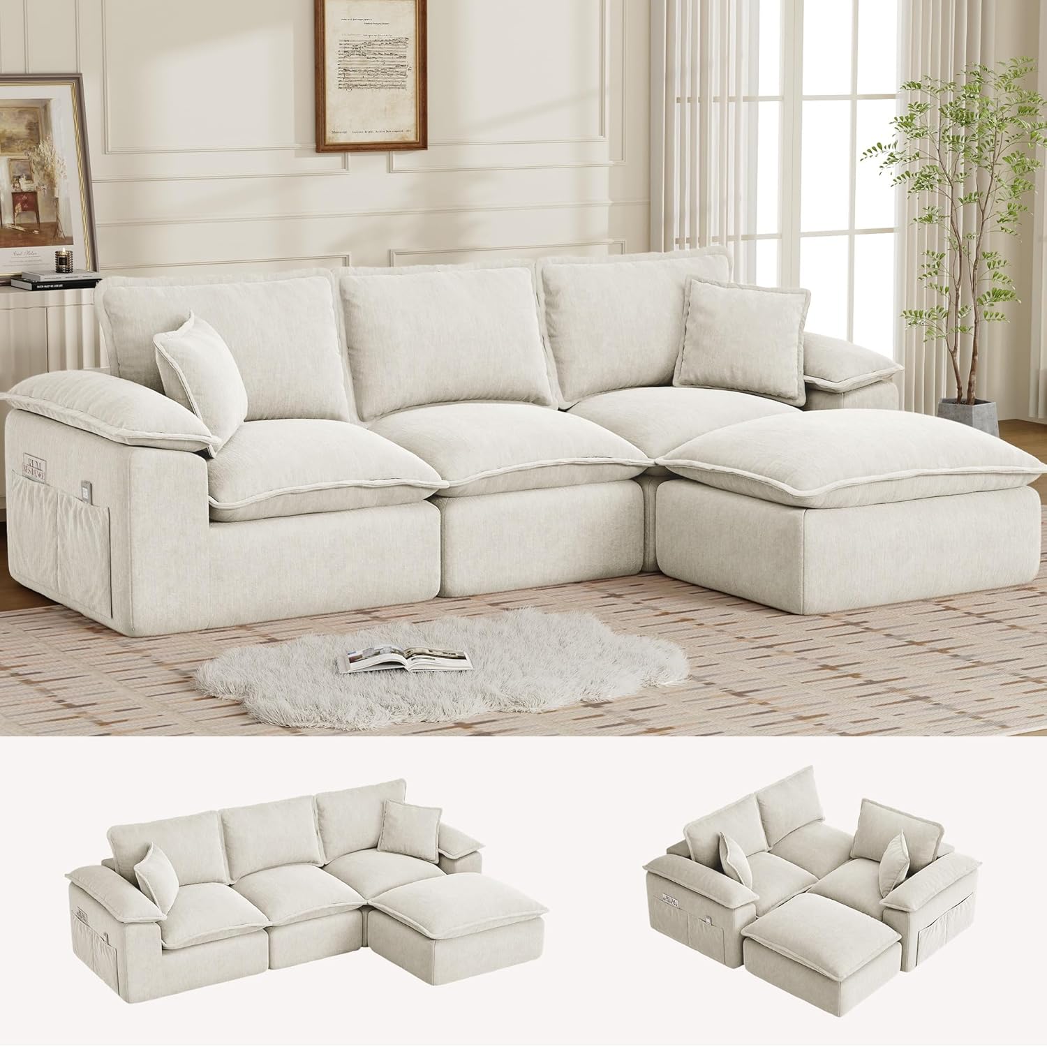 Korser 122" Modular Sectional Sofa Deep Seat Fluffy Cushions Convertible Ottoman No Assembly