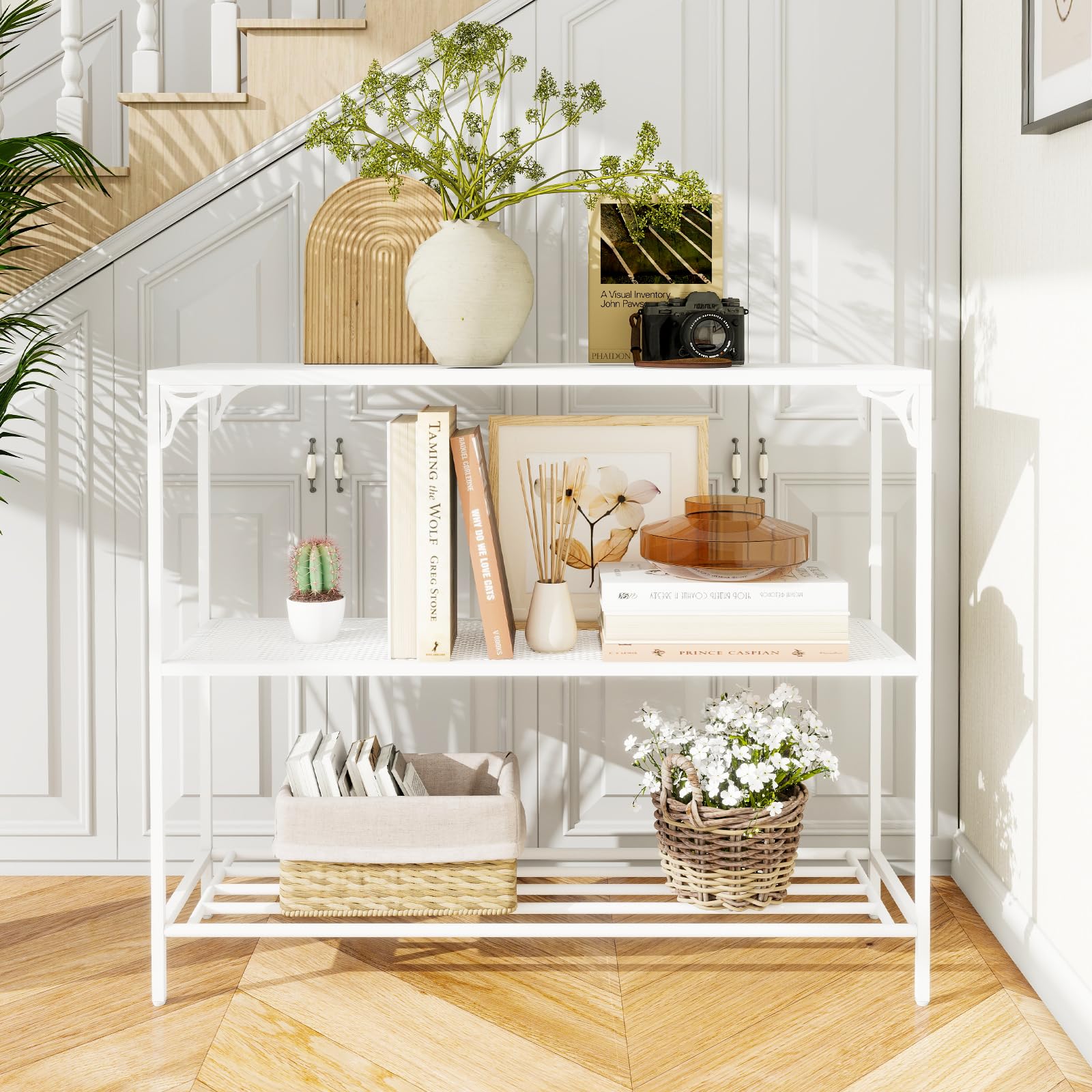 SoBuy Console Tafel, Haltafel, Bijzettafel, Sidetable met 3 Laden en 1 Plank, voor Hal, Slaapkamer, Woonkamer, Kaptafel, Wit, 93 x 33 x 79 cm, FSB51-W