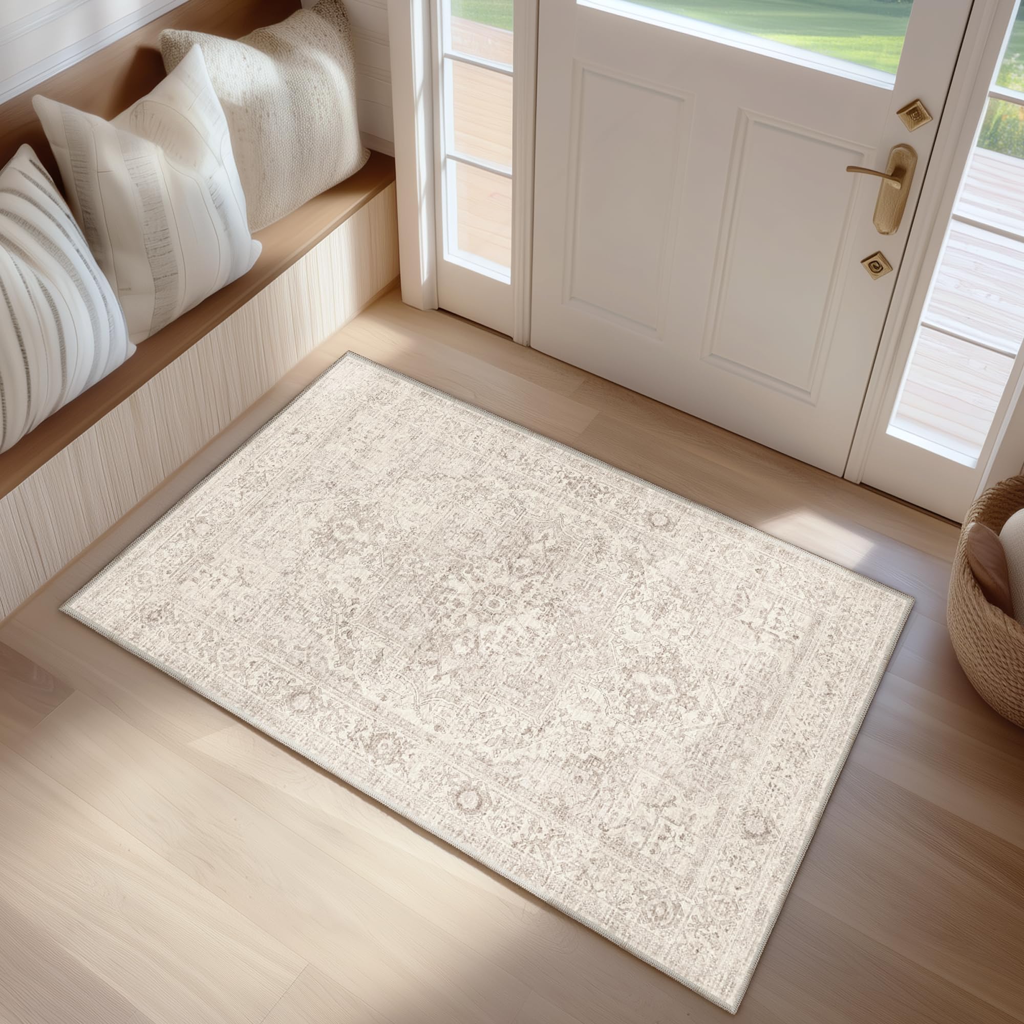 Beauoop Entryway Rug Washable Beige Neutral Door Mat 60x90 cm Vintage Distressed Non Slip Low Pile Indoor Carpet Soft Retro Small Thin Throw Area Rugs for Entry Way Bedroom Kitchen Bathroom Laundry