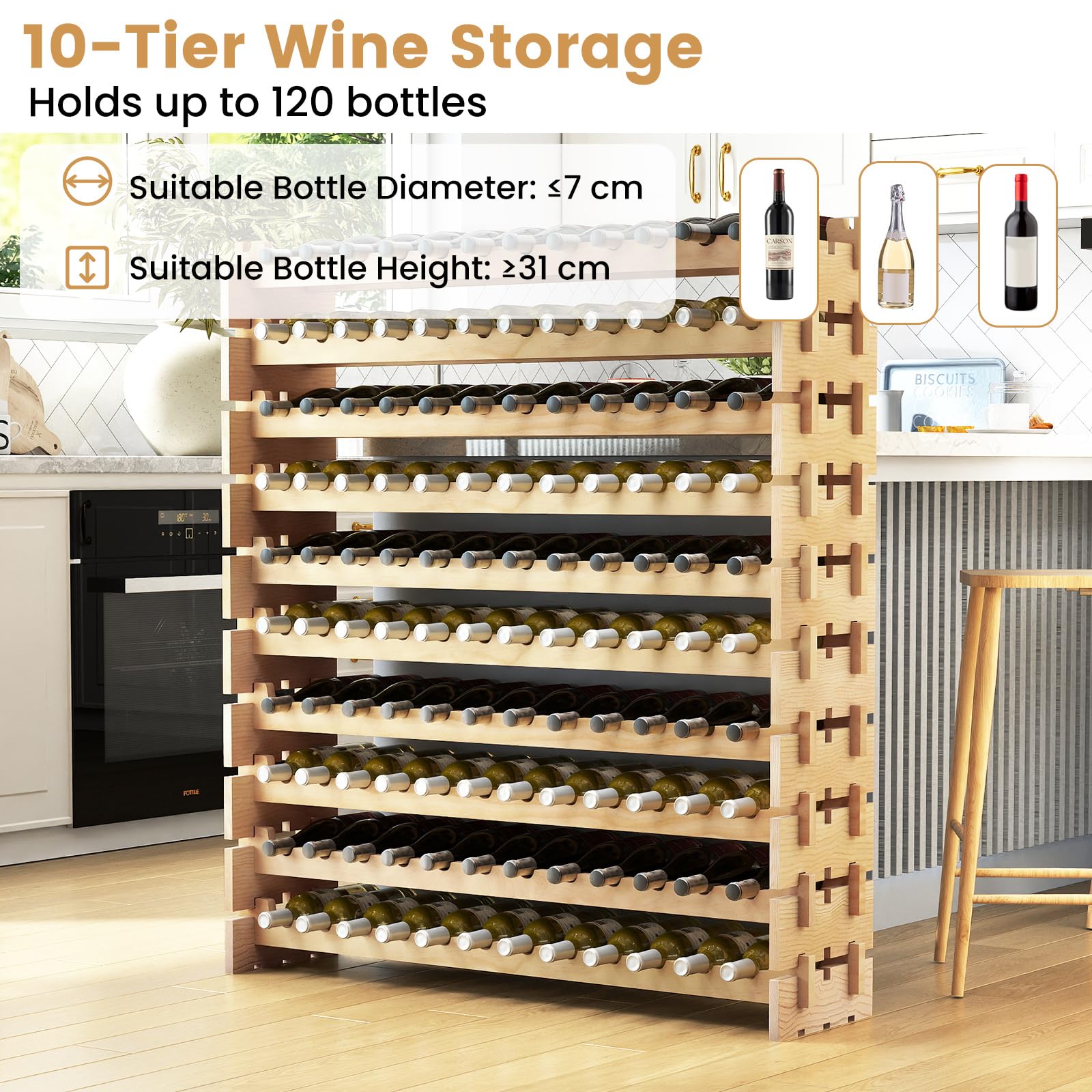 FANTASK Weinregal Holz für 120 Flaschen, Flaschen Modular mit 10 Ebenen, Flaschenregal stapelbar, Holzregal für Küche, Esszimmer, Bar, Keller, 120 x 29 x 128 cm