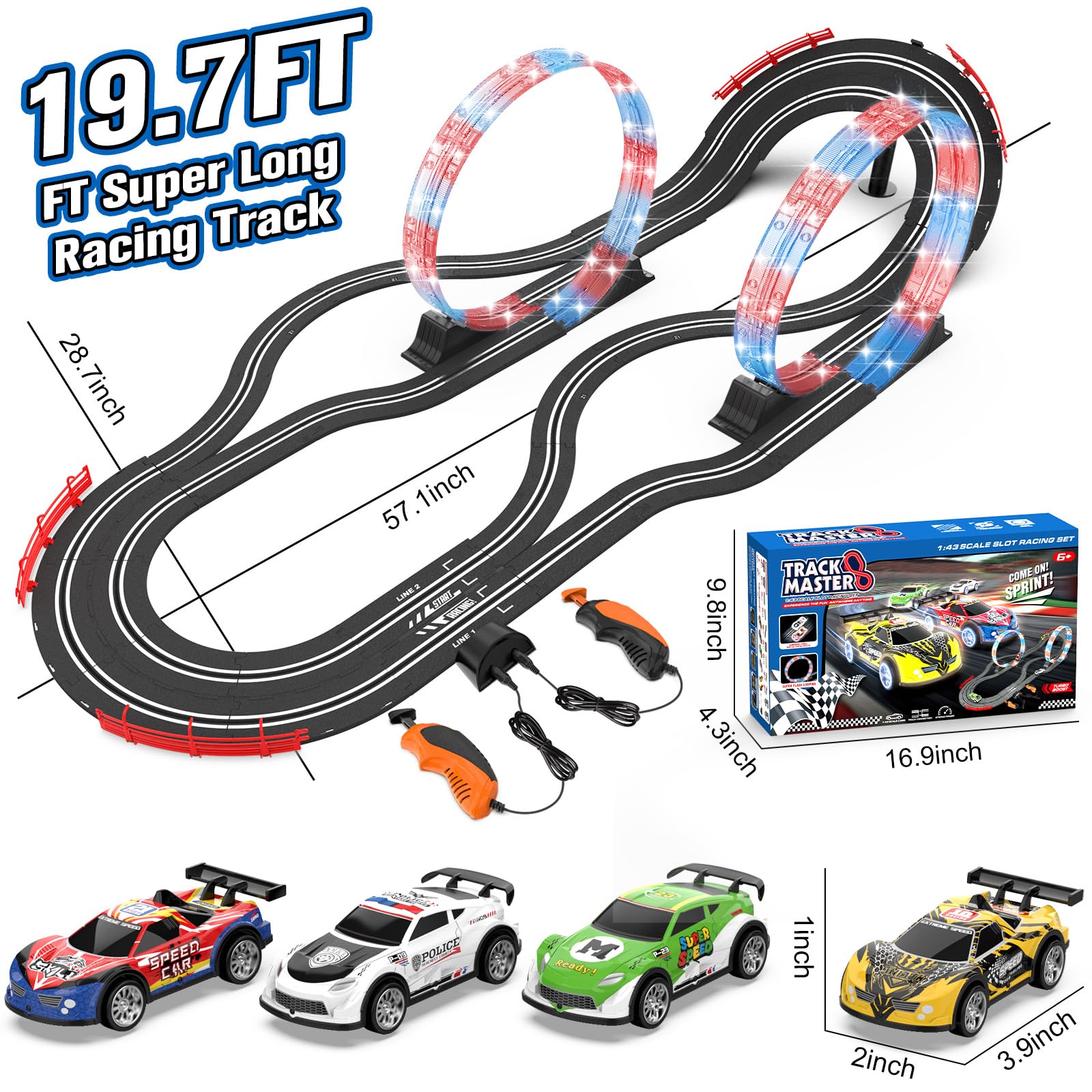 Juego de pista de carreras 2 en 1 con 4 autos de alta velocidad, pista eléctrica, juego de carreras dual con 2 controladores, diseño de paso elevado circular con pistas flash. Regalo de juguete para 5