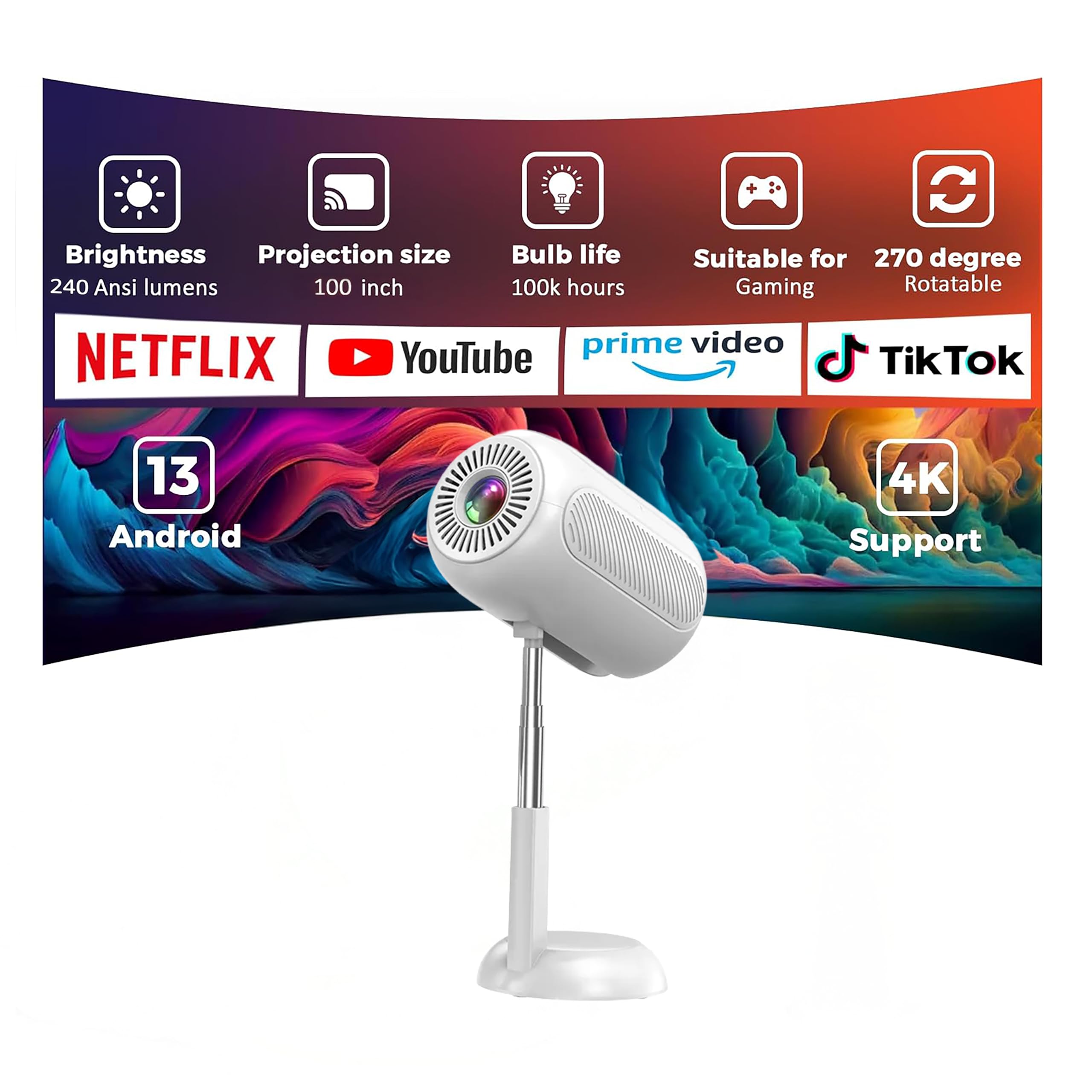 Green Lion 4K VENUS Mini Projector, Mini Projectors Android, Wireless/Wired Screen Mirroring, HiFi Sound Quality, Auto Focus, Four-Point Trapezoidal, Compatible with HDMI/USB/TV Stick/phone/Laptop