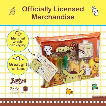 Pompompurin Stationery Set - Official 14-Piece School Supplies with Ice Lolly Highlighters, Gel Pens, Puffy Stickers & Notebook in Zip Pouch - Kawaii Stationery - Sanrio Gift
