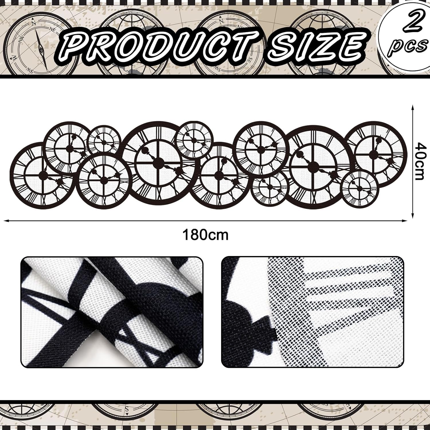 Preboun 2 Pcs Wonderland Tea Party Decoration 15" x 70" Clock Table Runner Decor Wonderland Curious Clock Table Runner Decoration for Birthday Wedding Dinner Party Favor Supplies (Black and White)