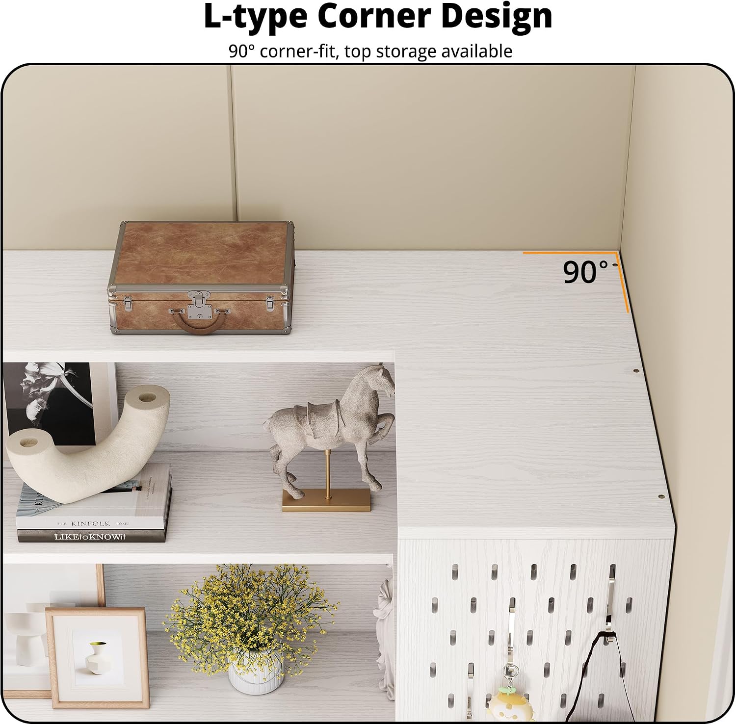 IRONCK Corner Bookshelf with LED Lights, 78.7" Tall Corner Bookshelves with 2 Drawers & Transparent Doors, 7 Tiers L-Shaped Bookcase with Open Shelves and Pegboards for Living Room, Home Office, White