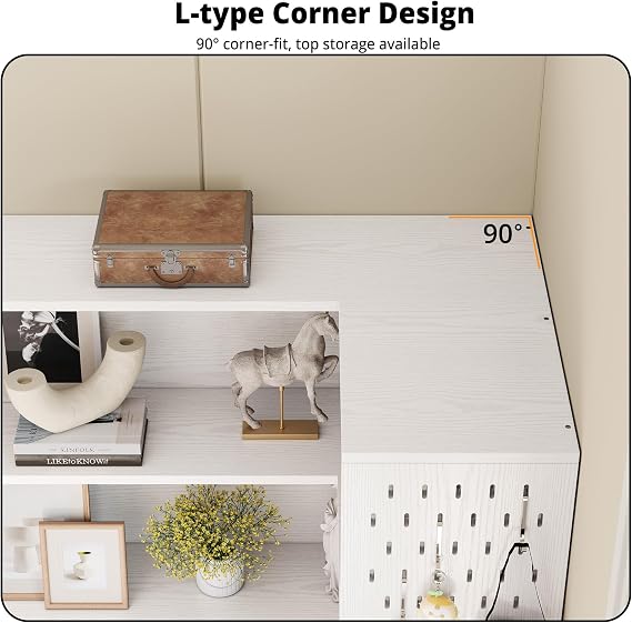 IRONCK Corner Bookshelf with LED Lights, 78.7 Tall Corner Bookshelves with 2 Drawers & Transparent Doors, 7 Tiers L-Shaped Bookcase with Open Shelves and Pegboards for Living Room, Home Office, White