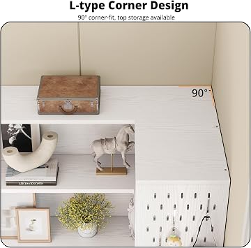 IRONCK Corner Bookshelf with LED Lights, 78.7 Tall Corner Bookshelves with 2 Drawers & Transparent Doors, 7 Tiers L-Shaped Bookcase with Open Shelves and Pegboards for Living Room, Home Office, White