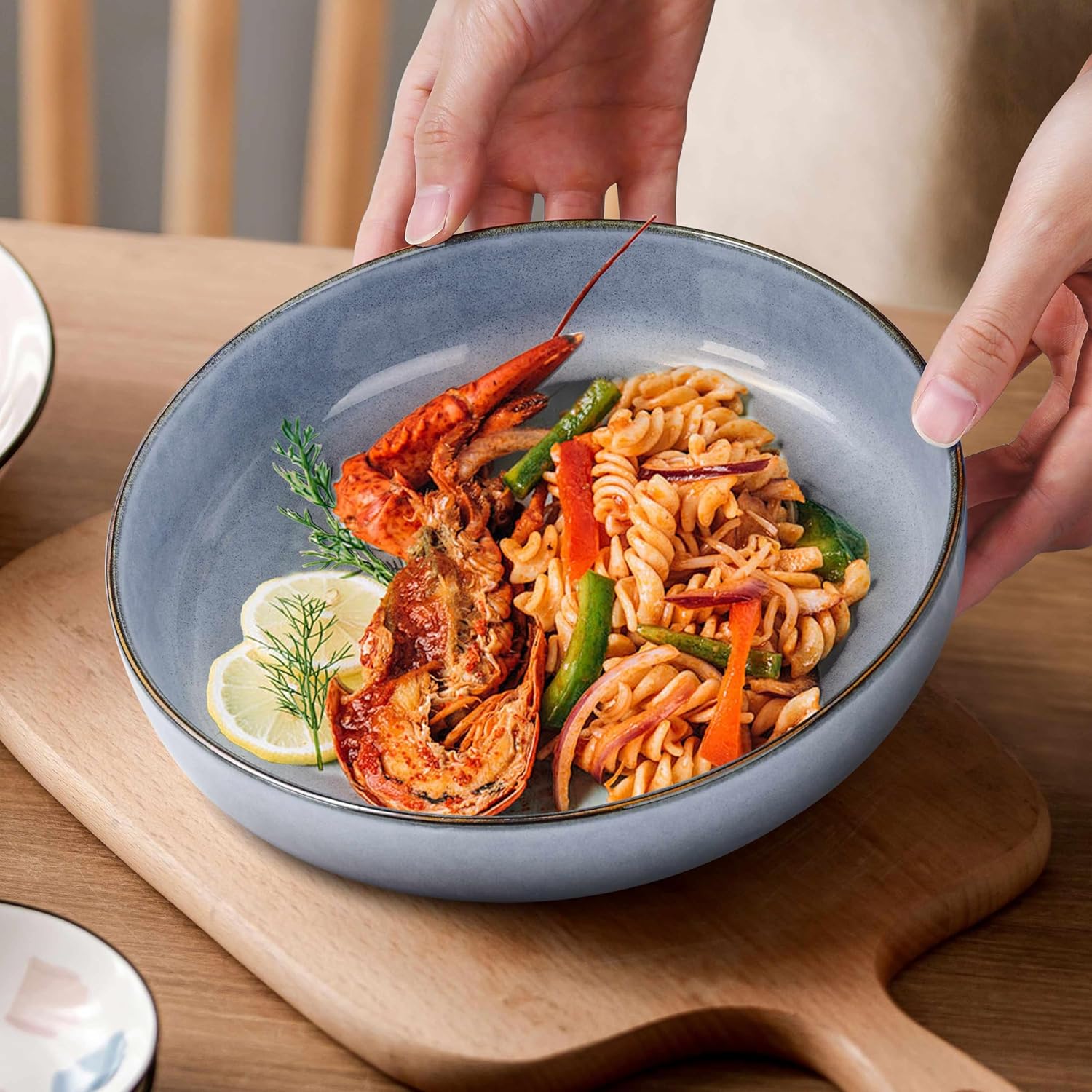 Herogo Pasta Bowls Set of 4, Stoneware Large Wide Shallow Plates and Bowls Sets, 37oz Serving for Salad Cereal Soup Kitchen Dining, Microwave & Dishwasher Safe, Haze Blue - Image 5