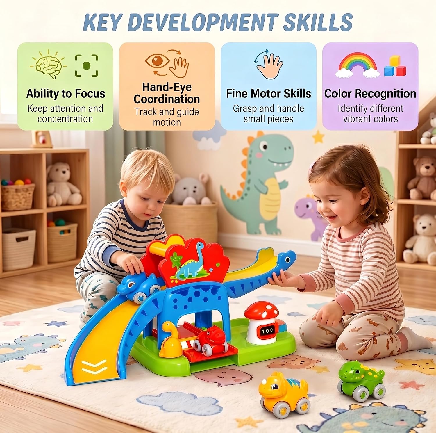 Dinosaur Toys for 1 Year Old Boy Gifts, Dinosaur Slide with 4Animal Cars Toddler Toys for 1-2, Push Car Race Track 1st Birthday Gifts Boy Gifts