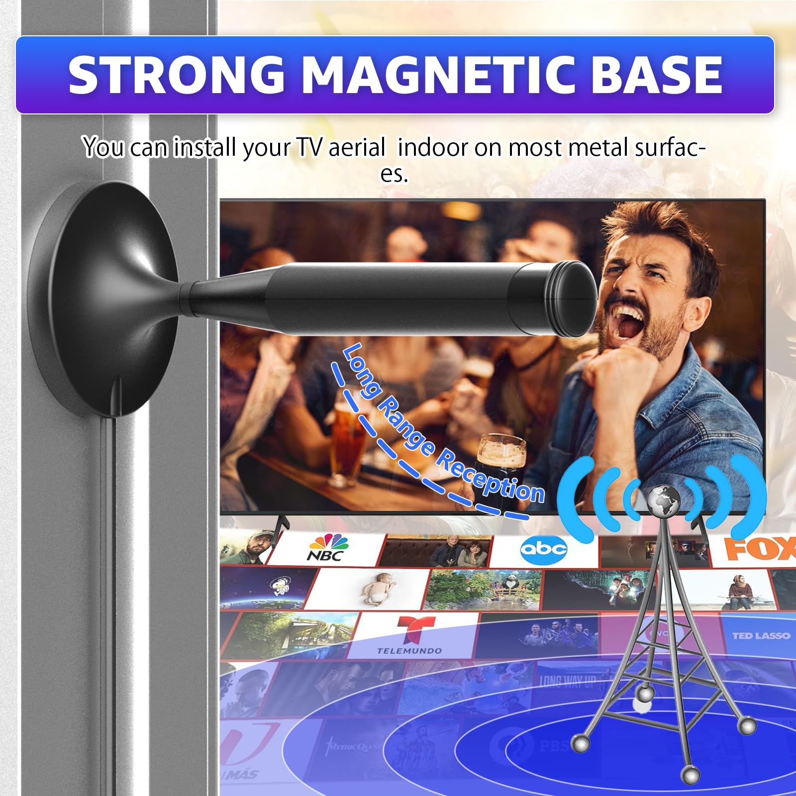 TV Aerial - Magnetic Base 360° Signal Reception Digital TV Aerial Indoor Compatible with Smart TV and All Televisions Supports 8K 4K 1080P Universal Indoor Aerial 5m Coaxial Cable - 5