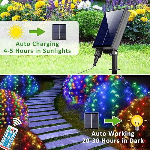 Miniatura 2 de Red solar de luces para exteriores, 240 luces LED de malla multicolor para arbustos, impermeables, solares y USB, 2 vías de alimentación, 11.5 pies