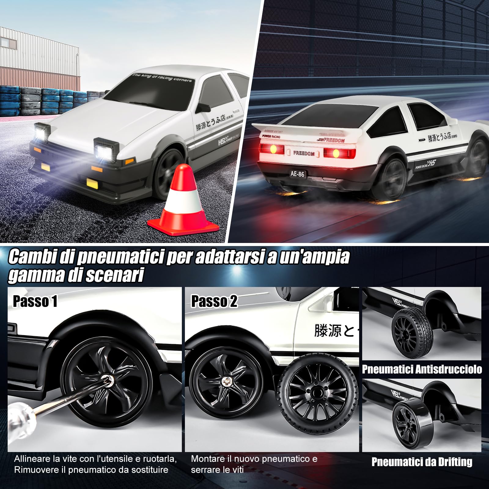 BuzzoXerex RC Drift Car, Mini Macchina Telecomandata Drift, 1/24 4WD Auto Telecomandata con Luce LED, 18km/h, Auto Giocattolo per Adulti e Bambini di Età Superiore agli 6 Anni (Bianco)