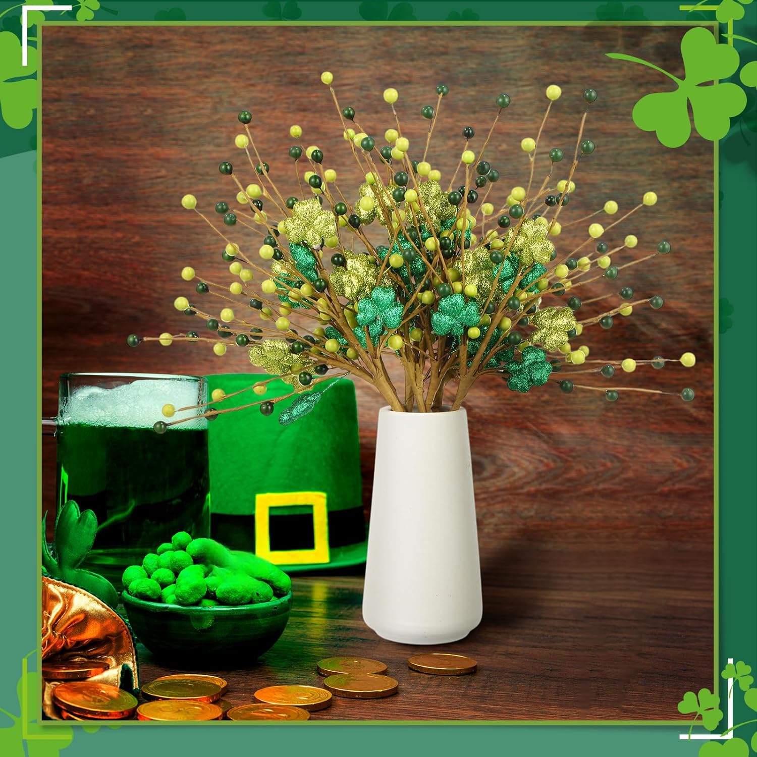 Giegxin 24Pcs St. Patrick's Day Decorations Artificial Shamrock Picks 17" Clover Stems Picks Fake Floral Bunch Decor Green Artificial Flowers Twig Stem for Irish St. Patrick's Day Table Home Decor