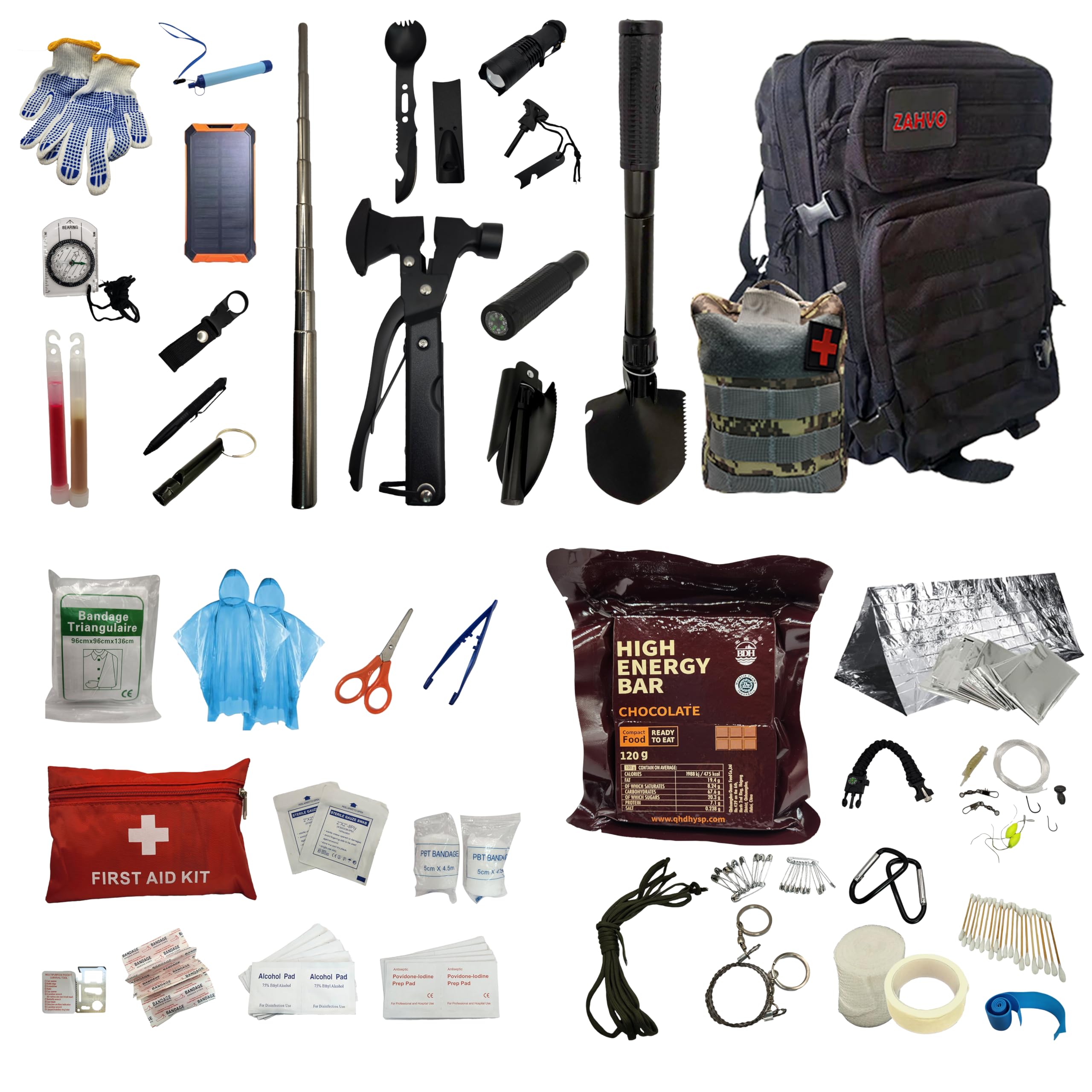 72 Hour Survival Kit with Food, Solar Power Bank, Water Purifier, First Aid & Tools - All Emergency Survival Gear and Supplies in This Bug Out Bag for Disaster Preparedness & Evacuation