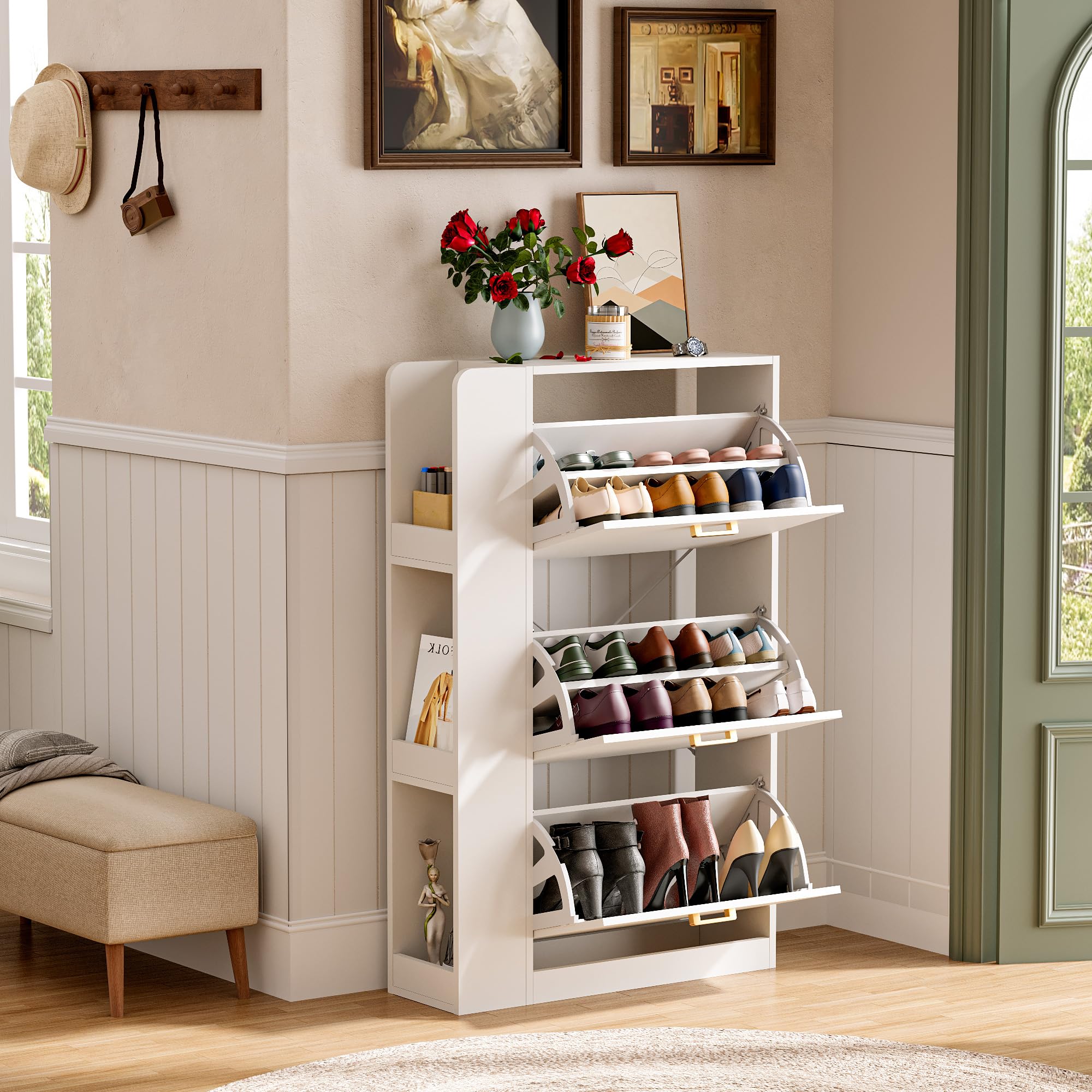 Scarpiera Salvaspazio Slim Scarpiera ingresso Scaffali portascarpe con 3 scomparti Scarpiera a 3 ante Può contenere 18-24 paia di scarpe 73,5x24x118cm Bianco (EUR≤45)