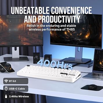 EPOMAKER TH85 QMK/VIA Mechanical Gaming Keyboard, BT/2.4Ghz Wireless, RGB, Hot-Swappable & Programmable Keys in US 75% Layout (White, Milk Blue Switch)
