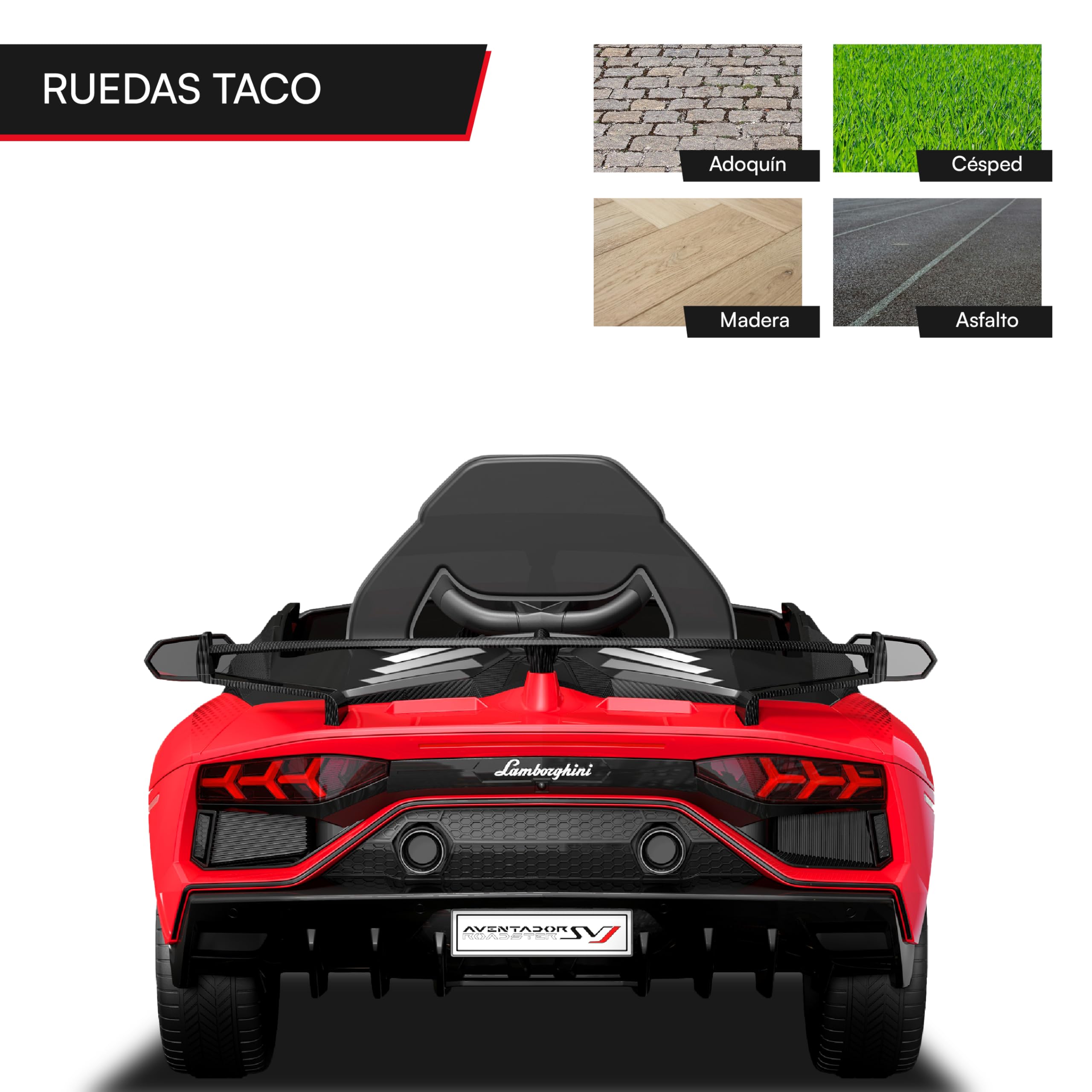 Baroni Toys Coche Eléctrico Infantil Lamborghini 6V con Mando, Sonidos, MP3, Marcha Atrás, 100x60x50 cm Roja