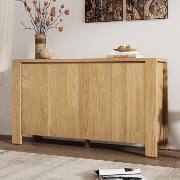 59" Retro 4-Door Buffet Sideboard with Distressed Finish, Wooden Accent Storage Cabinet with Adjustable Shelves and Foot Pads for Dining Room, Kitchen and Living Room Natural-05