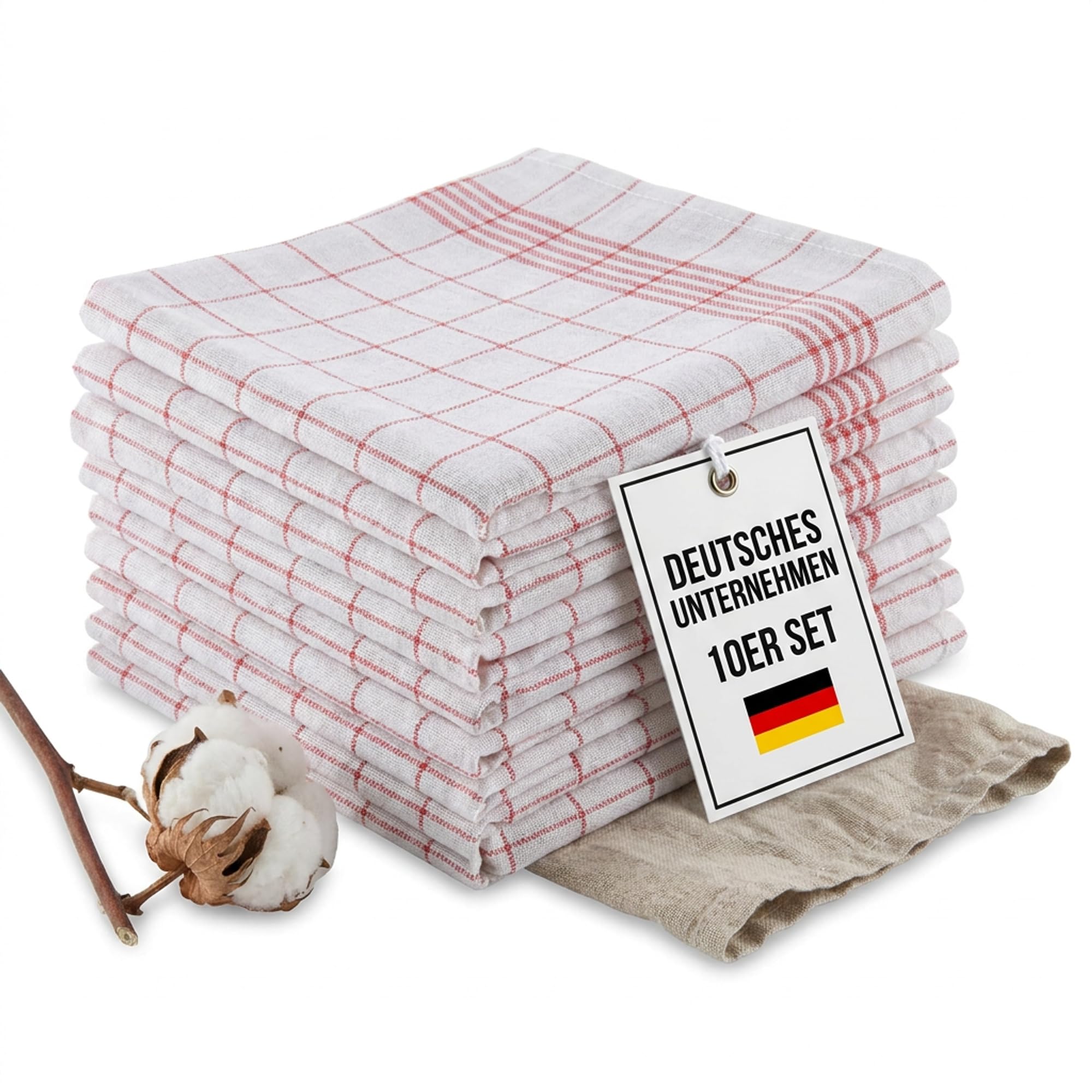 10er Set Geschirrhandtuch aus Halbleinen, kariert, rot-Weiss, 50x70cm (rot)