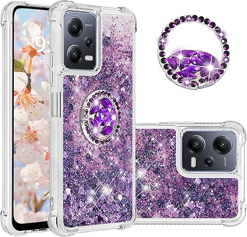 Tncavo Funda para Xiaomi Redmi Note 12 5G para mujer, fundas con purpurina holográfica líquida en movimiento con anillo de diamante TPU suave