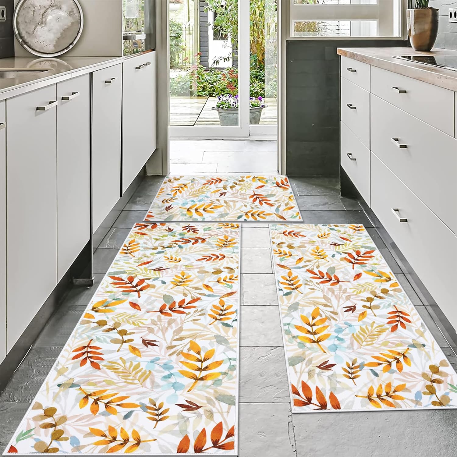 SHACOS Fall Leaves Kitchen Rugs Sets of 3 Pieces Non Slip Washable Kitchen Floor Mats Orange Autumn Color Leaf Rug Runner Carpet for Hallway Entryway Laundry Room Bathroom Decor