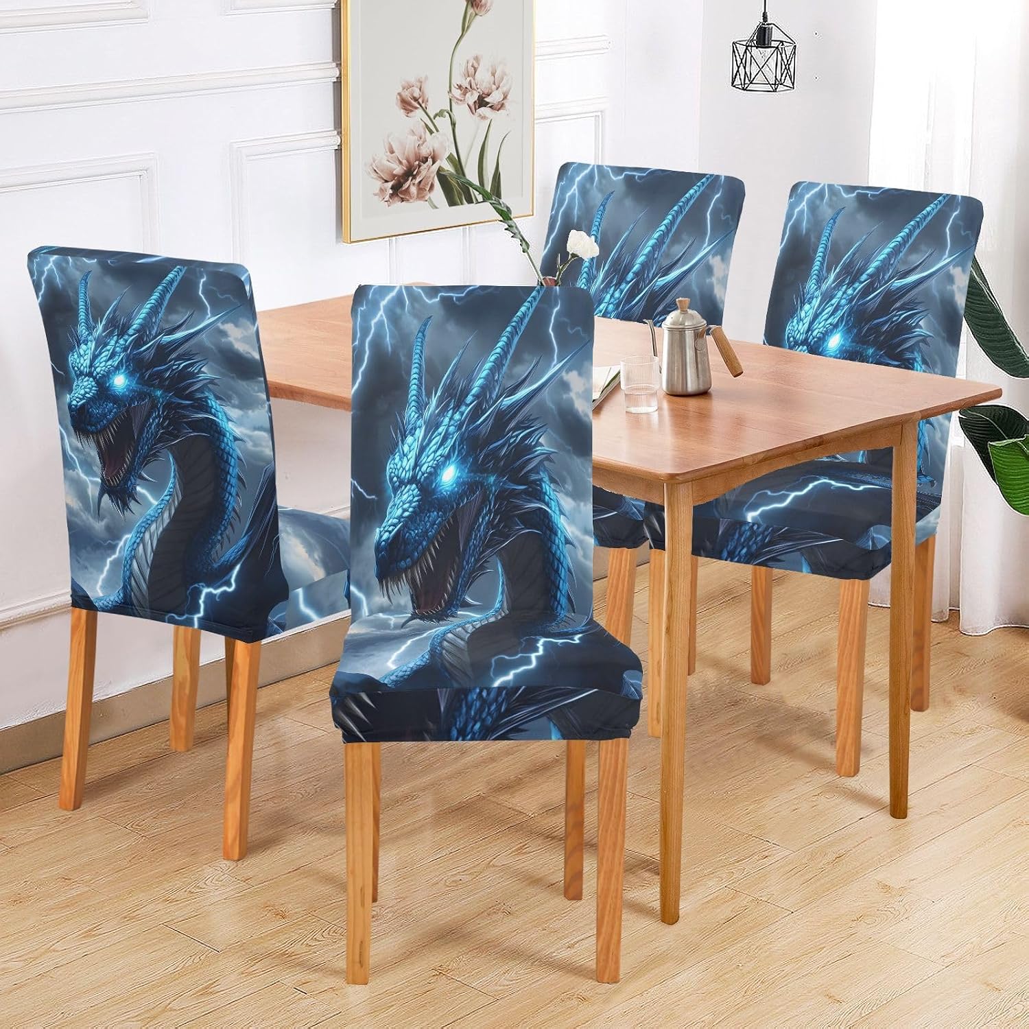 ALAZA Chair Covers for Dining Room, Fierce Blue Dragon Lightning Stretch Chair Cover Sets Chair Protector Removable Washable for Ktichen Restaurant Hotel