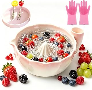 2026 New Berry Whirlpool Bowl Ceramic, Ceramic Berry Washing Bowl, Self Spinning Berrys Washing Bowl Ceramics with Drain Holes, Kitchen Basket for Strawberries, Blueberries, Grapes, Vegetables (H)