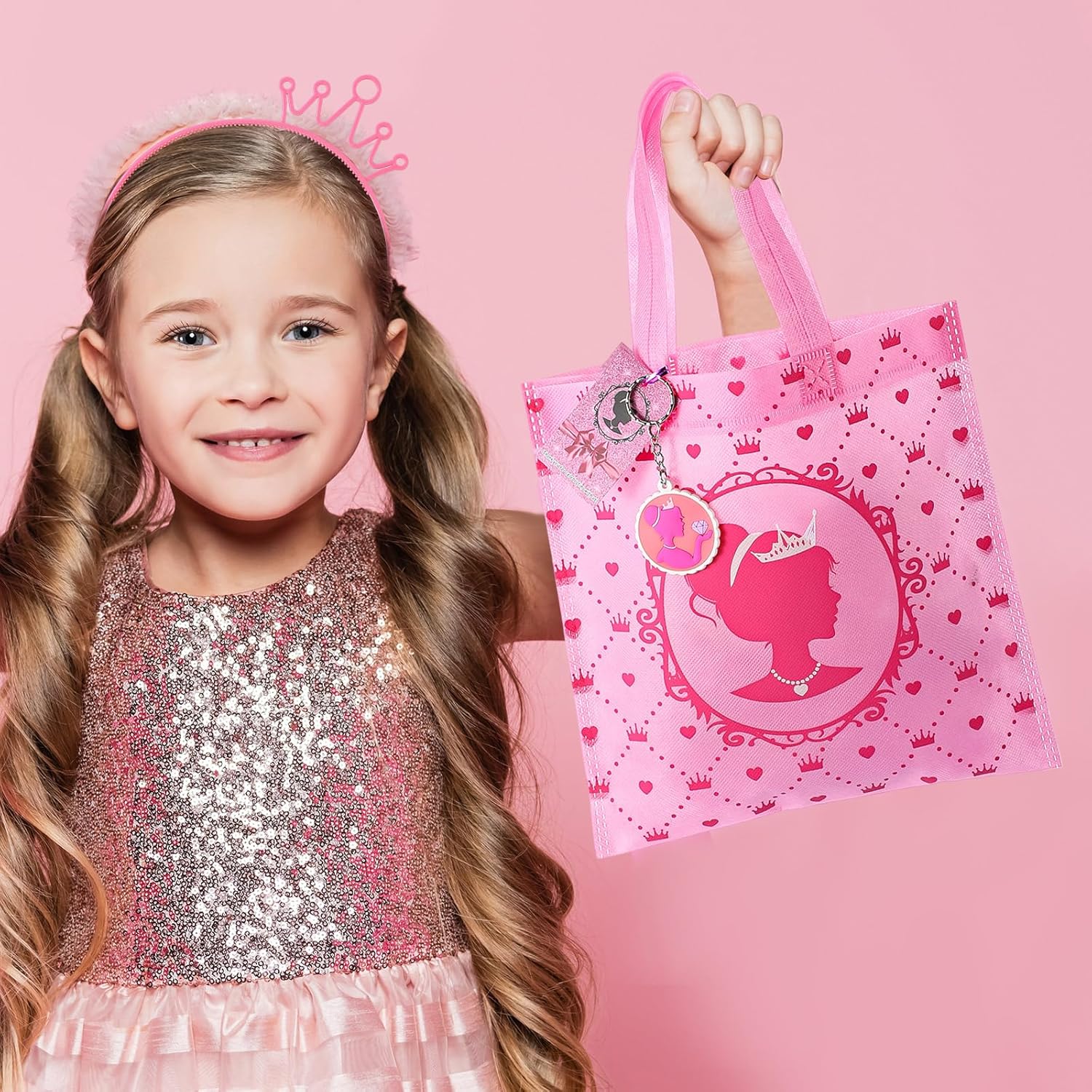 HyDren 195 Pcs Pink Girls Party Favors Hot Pink Princess Birthday Party Supplies Include Bag Crown Headband Comb Keychain Round Mirror Hairpin Card Sticker Hair Clip Bandaged Silk for Girls Gifts