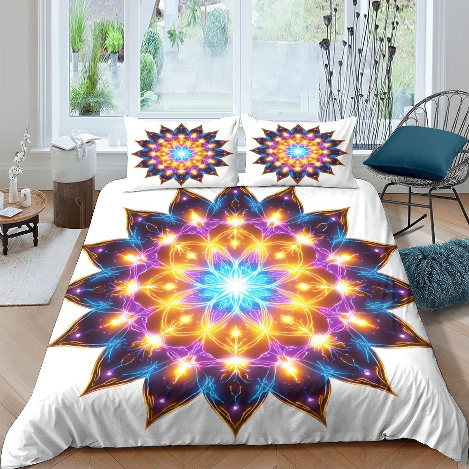 Ctjqhvkz Style-3 3D Printed Mandala Flower Fitted Sheet Microfiber Soft Anti-Slip Boho Sunburst Bed Cover For Bedroom Guest Room Decor Single（135X200cm）