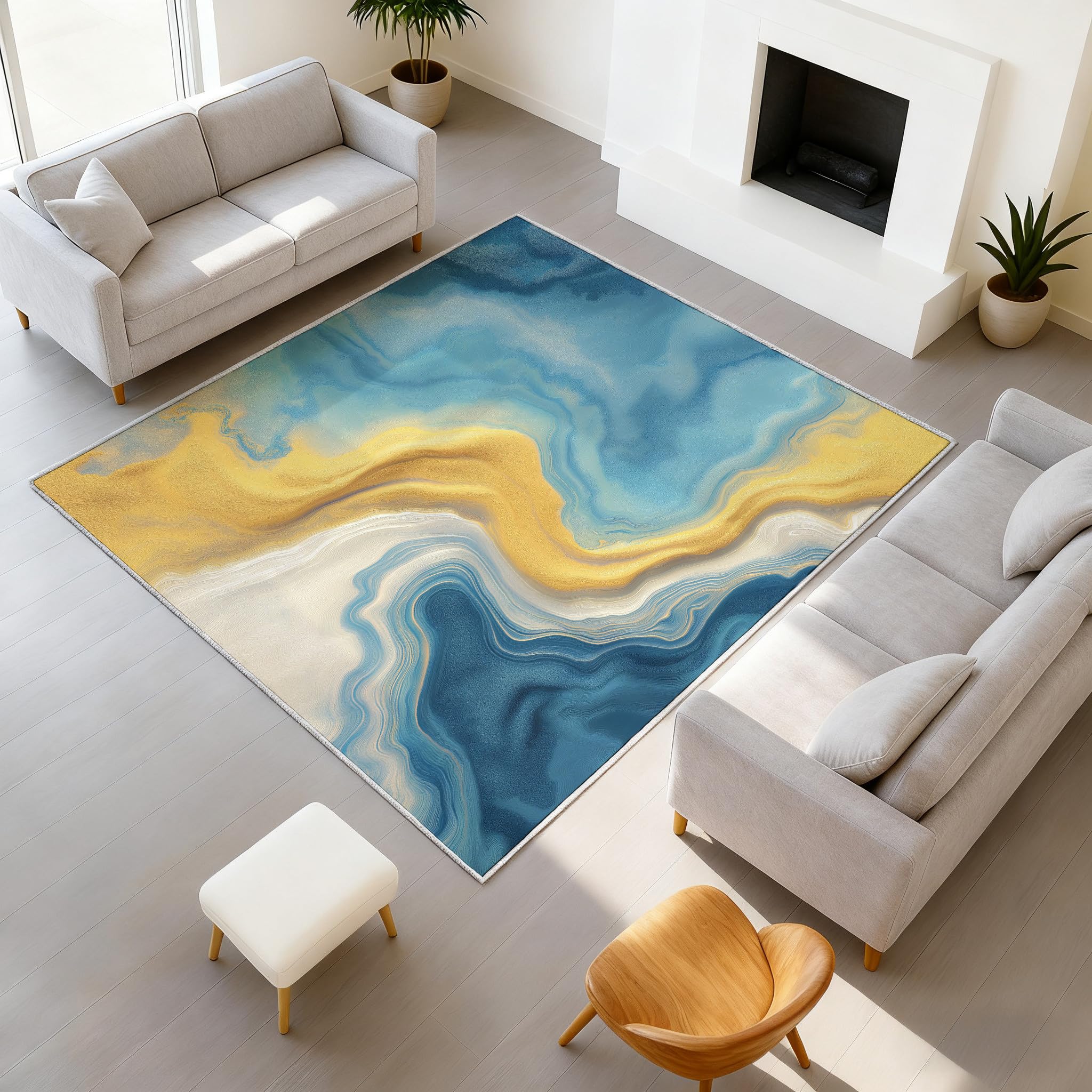 Genérico Dywan akwarelowy do salonu i sypialni, puszysty krótki włos antypoślizgowy dywan do salonu dla dzieci biuro niebieskie jezioro dywaniki bardzo duży 160 x 230 cm płynne linie