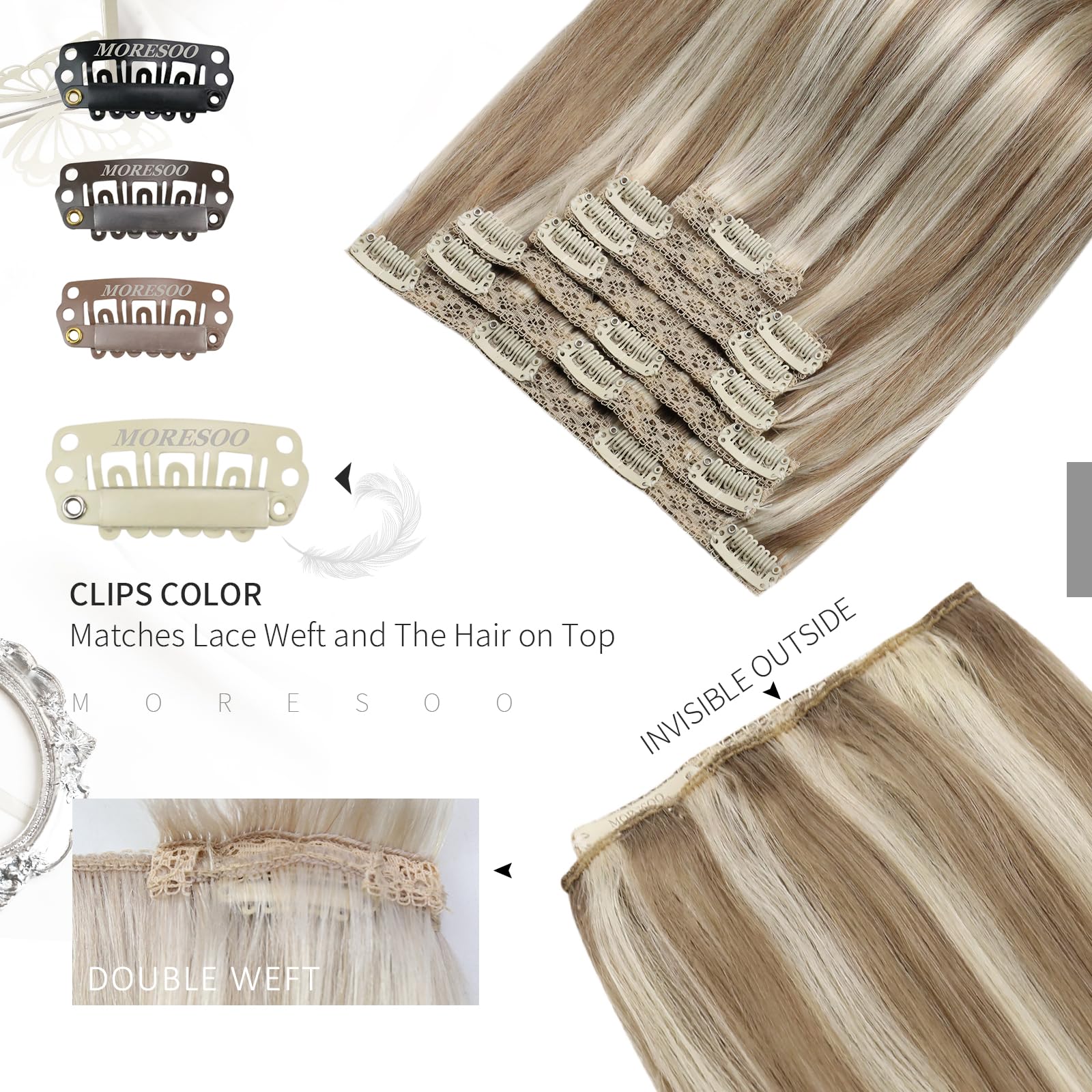 Moresoo Clip in Human Hair Extensions Light Brown with Platinum Blonde Clip in Hair Extensions Balayage Remy Human Hair 16 Inch 7 Pieces/120g #9A/60 - Image 4