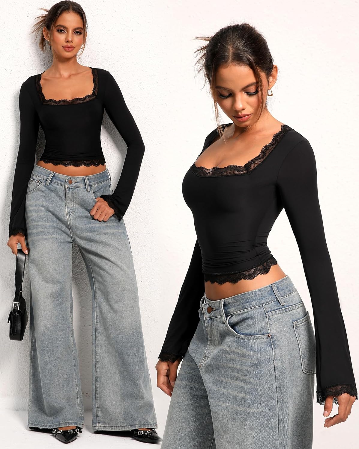 OZICERD Women Bell Long Sleeve Shirts Cute Going Out Top Lace Trim Square Neck Double Lined Fitted Basic Tops Y2k Tight Slim - Image 5